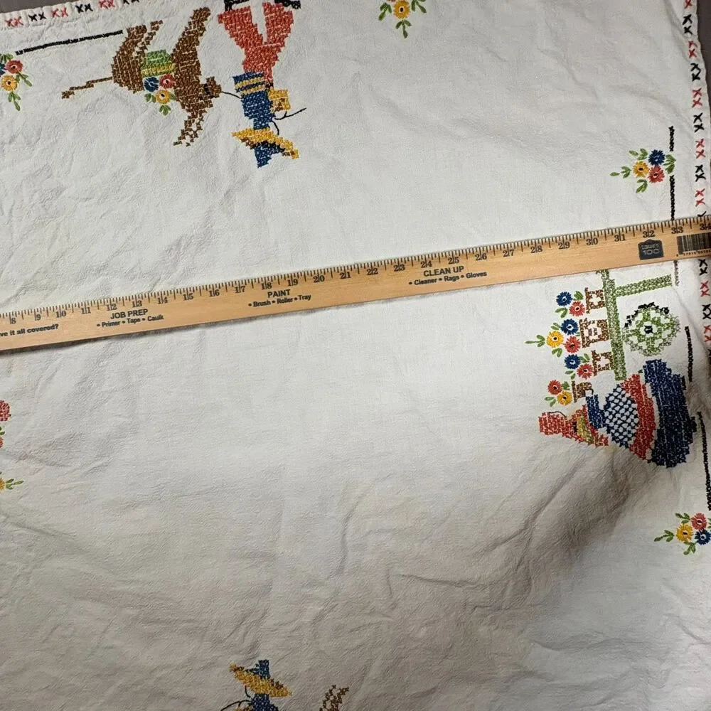 Vintage Hand-Embroidered Cross-Stitch Mexican Folk Art Tablecloth